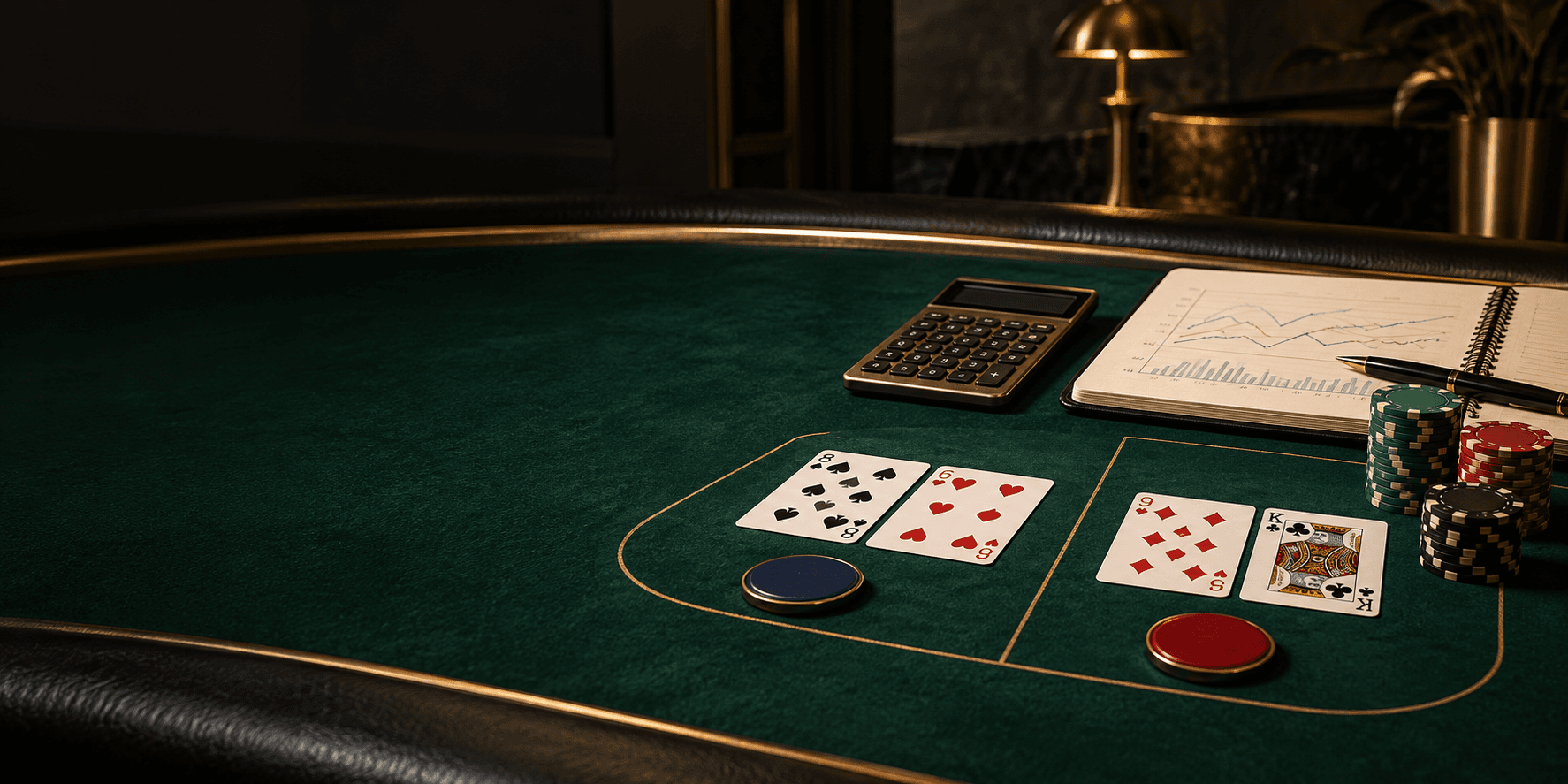 Baccarat cards, chips, calculator, and an analysis notebook on a green baccarat table