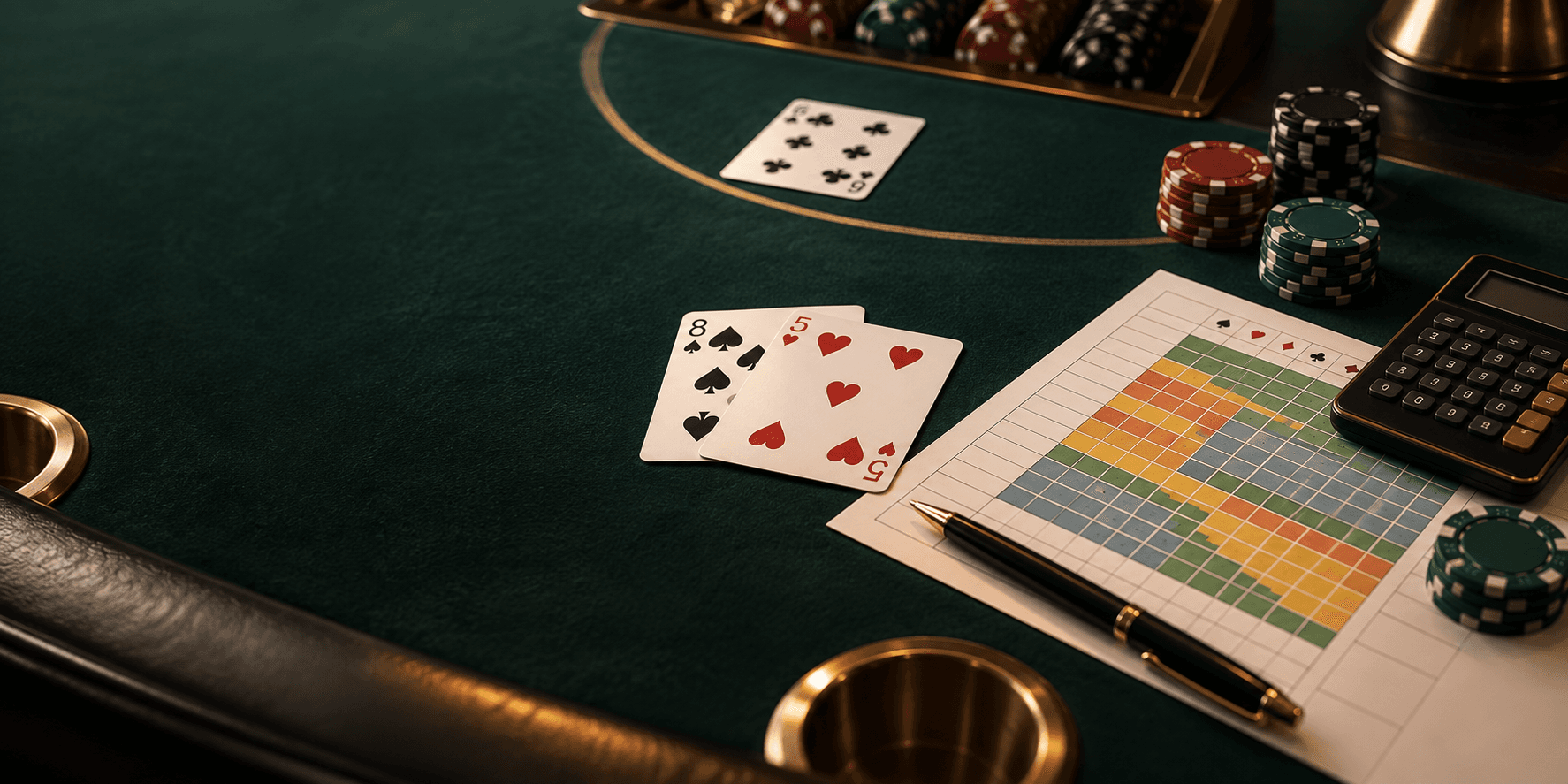 Blackjack cards, chips, calculator, pen, and a color-coded strategy grid on green felt