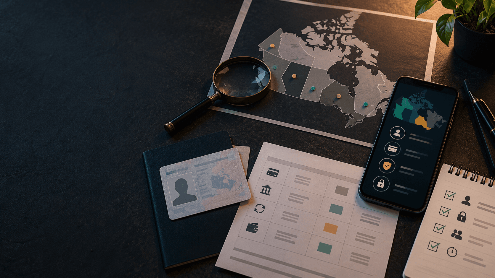 An investigative desk with a map outline of Canada, payment ledger, identity card, and responsible-play checklist