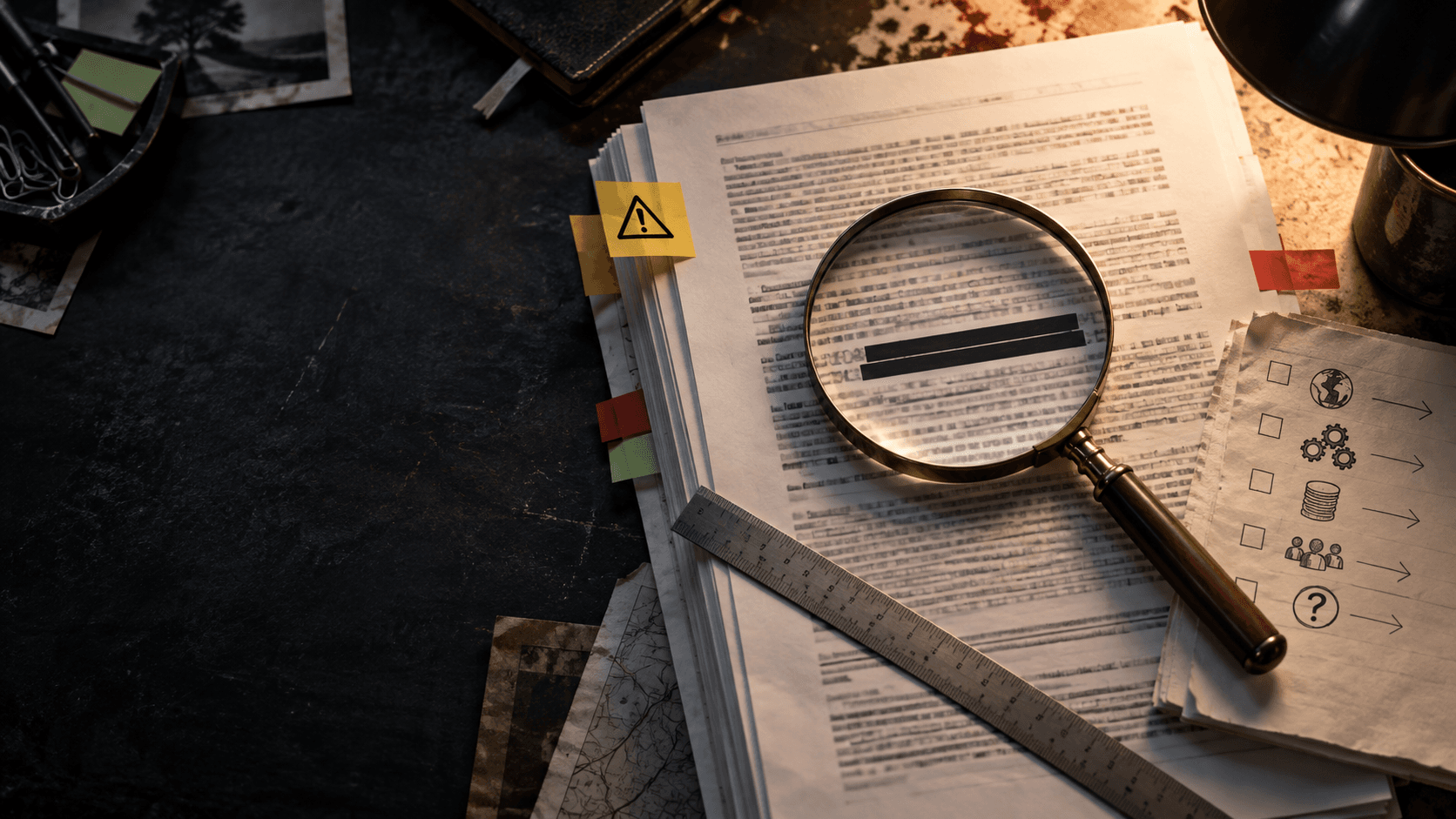 A magnifying glass examining a terms and conditions document with warning tabs