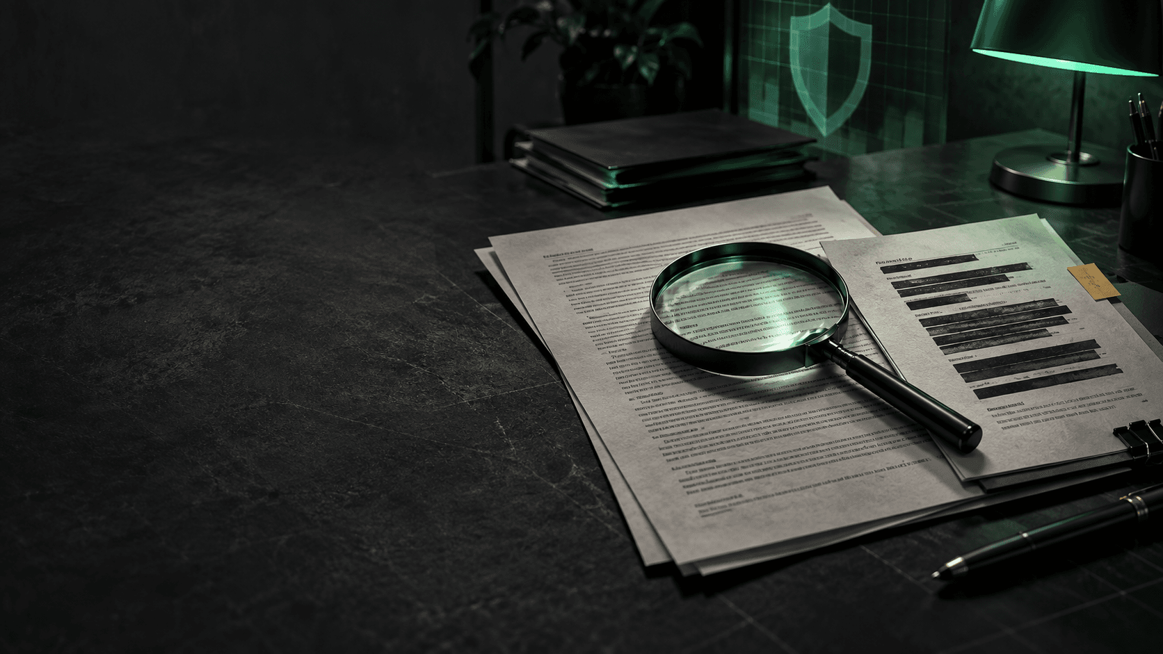 A magnifying glass over casino terms on an investigative desk