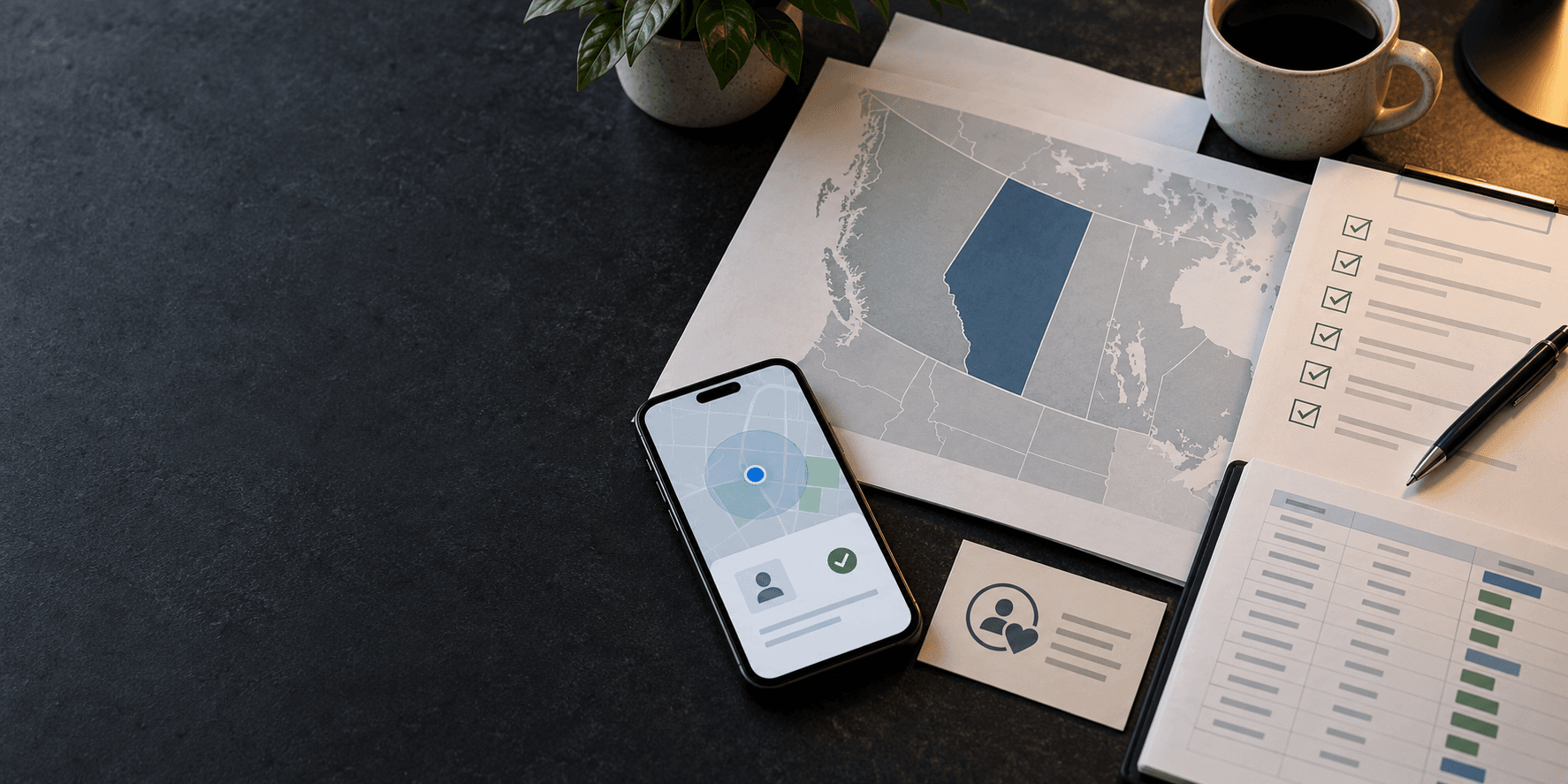A research desk with an Alberta map, identity verification phone, and responsible-play checklist