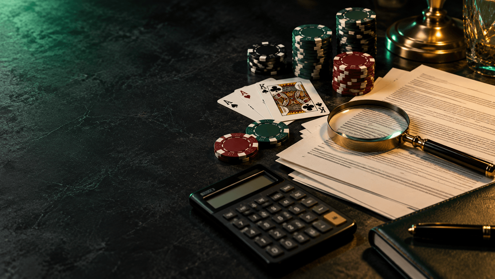 Roulette research desk with chips, cards, calculator, and terms under a magnifying glass