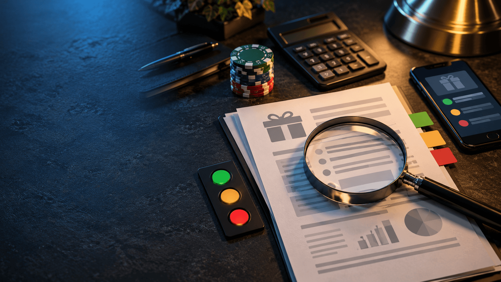 Magnifying glass over generic casino promotion paperwork with a calculator and red amber green audit markers
