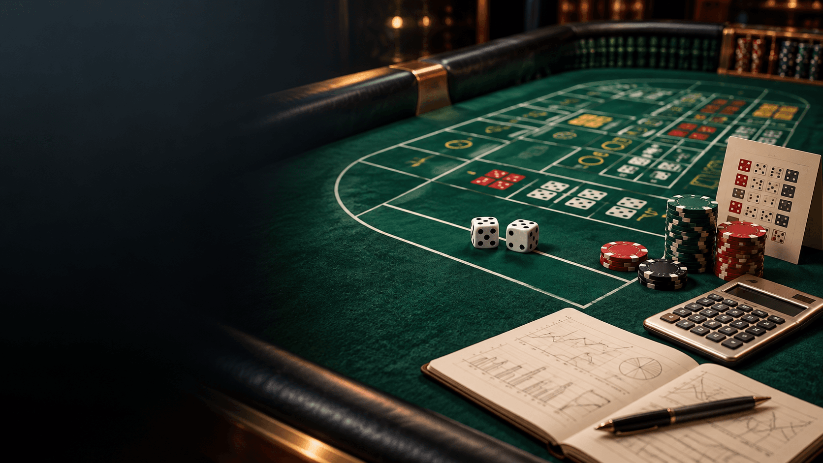 Craps table with dice, chips, calculator, and an analysis notebook