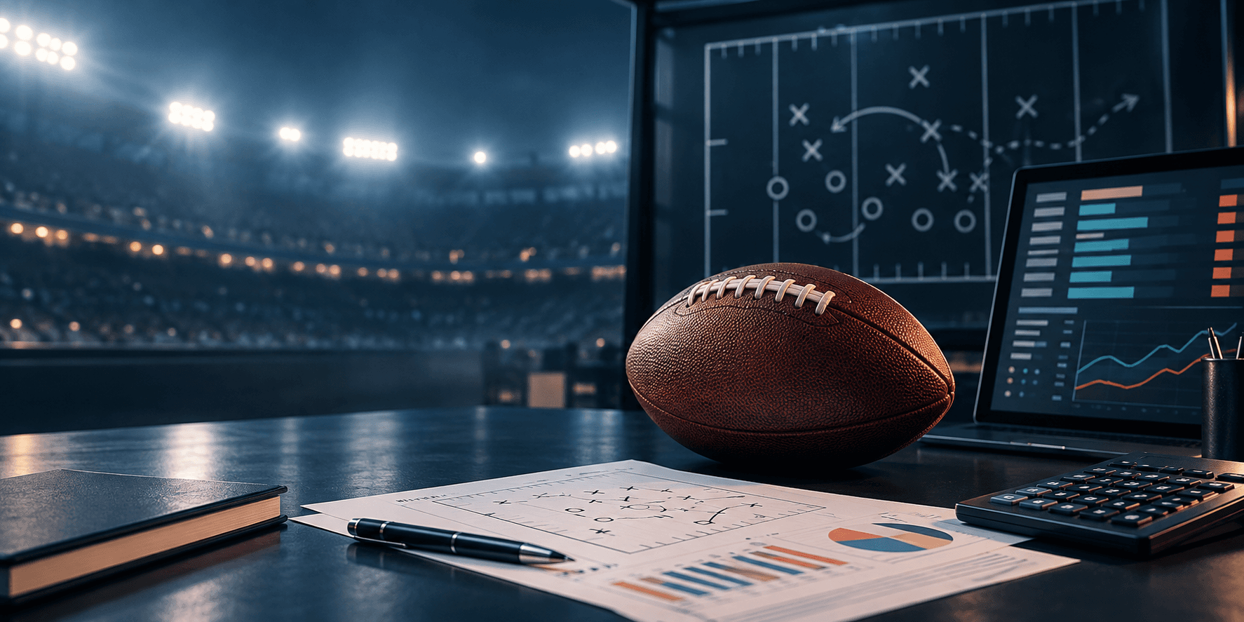 A football, playboard, calculator, and abstract odds chart on a dark sports analytics desk
