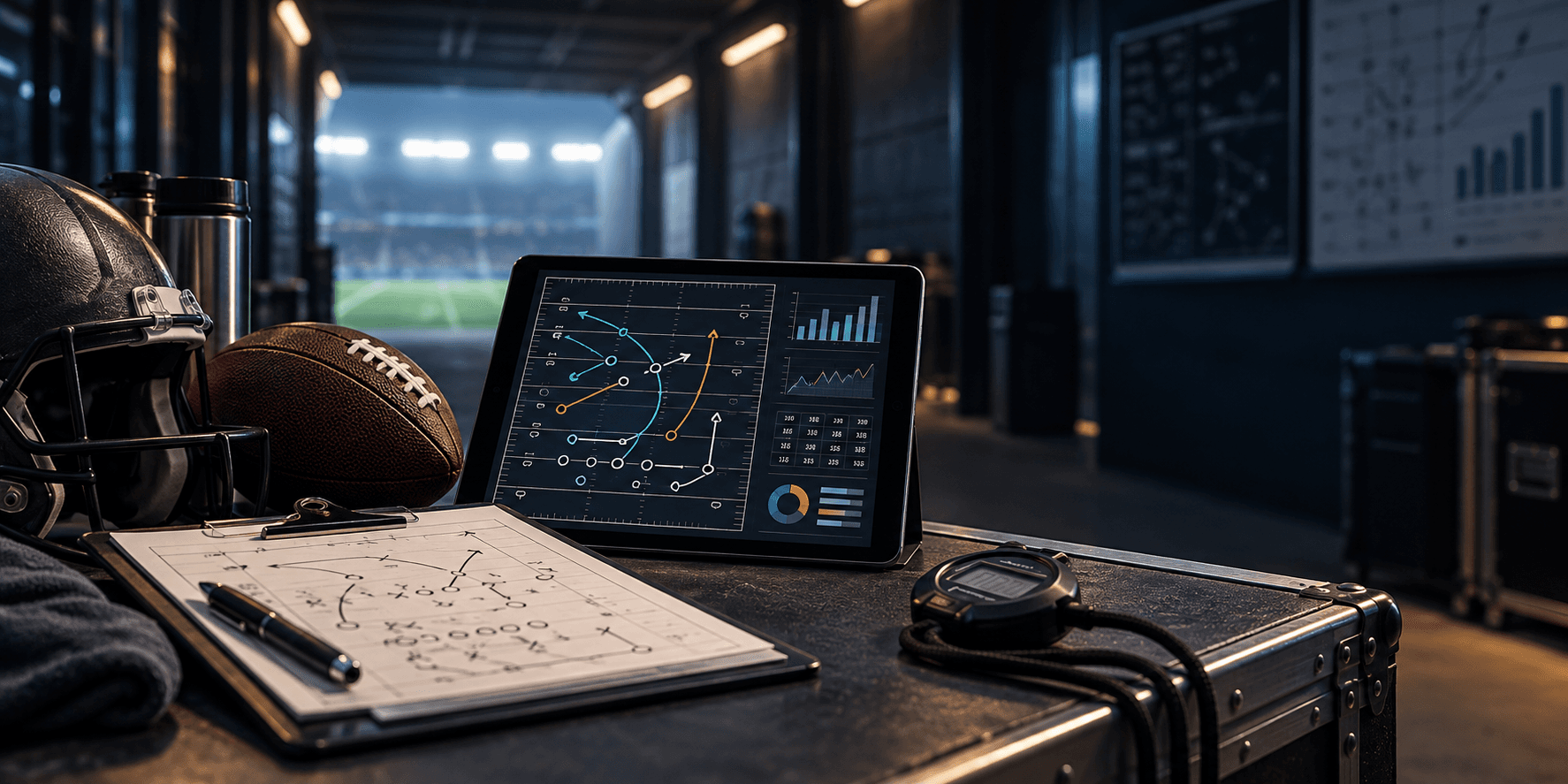 A football analytics tablet with abstract line charts, a stopwatch, and a play clipboard