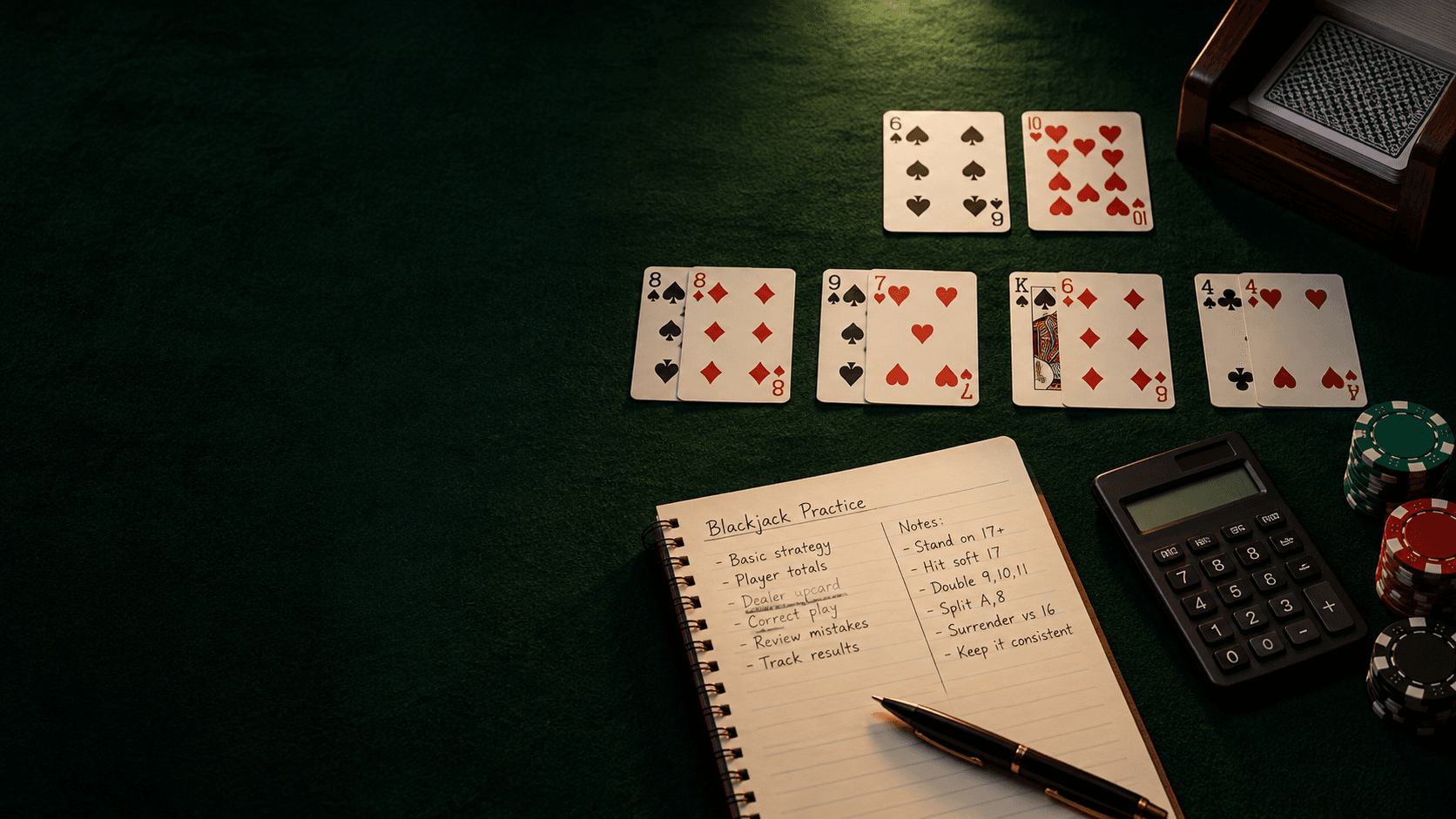A blackjack practice desk with cards, a strategy notebook, calculator, and chips on green felt