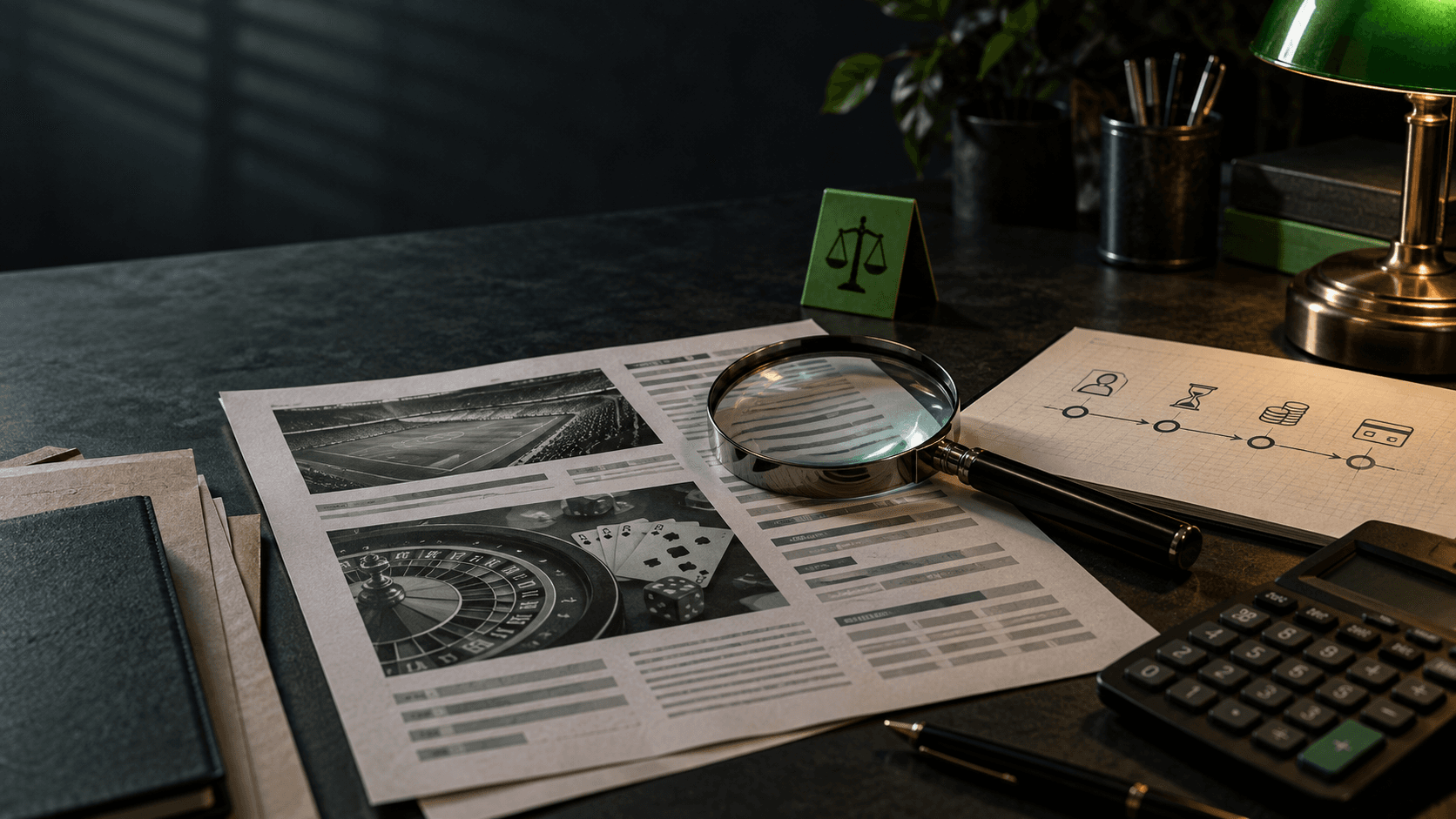 A magnifying glass over operator terms and a payout path sketch