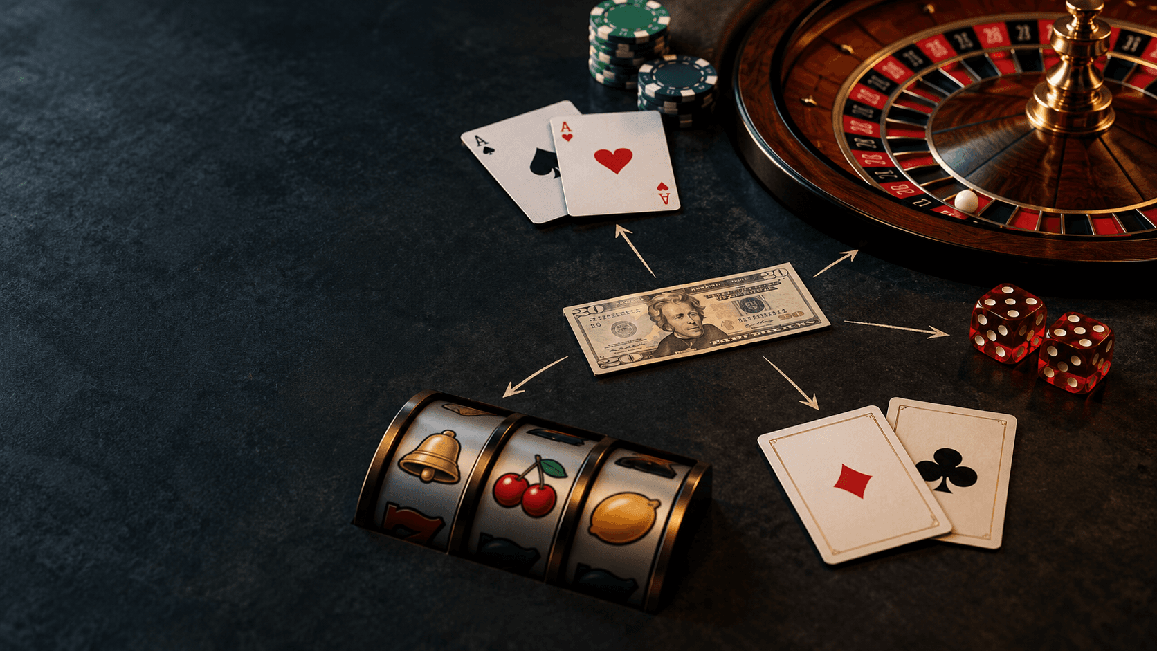 A fixed budget beside playing cards, roulette, dice, baccarat cards, and abstract slot reels on an editorial desk