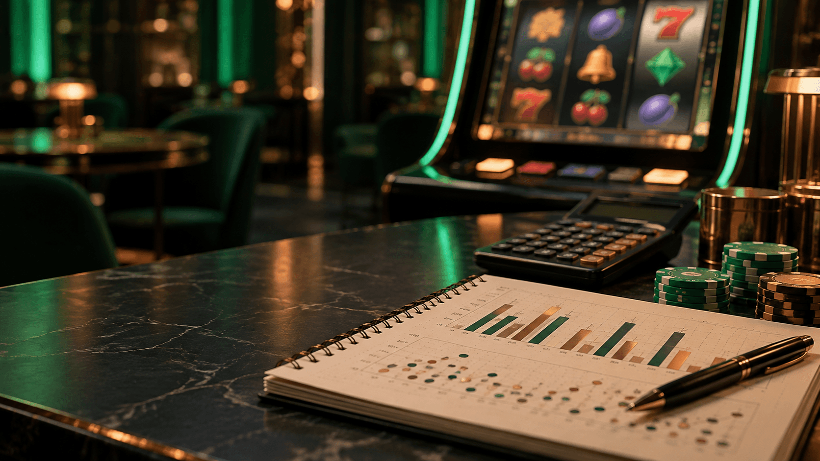 Slot game analysis scene with abstract bar chart notebook, calculator, and chips
