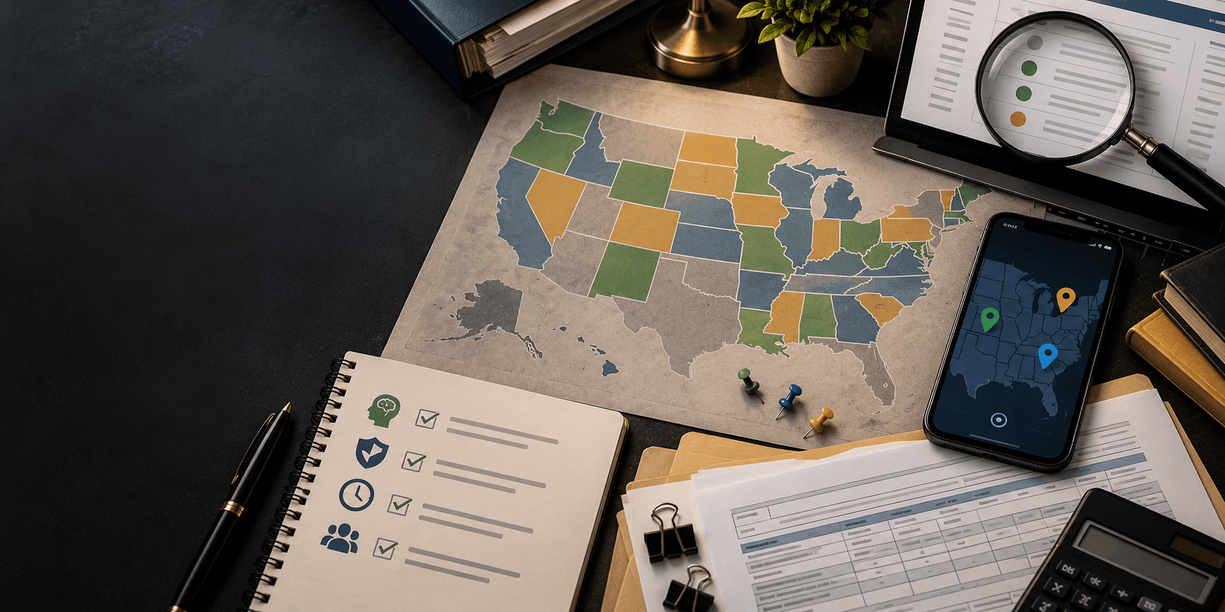 A state gaming research desk with a regulator register, geolocation phone, and checklist