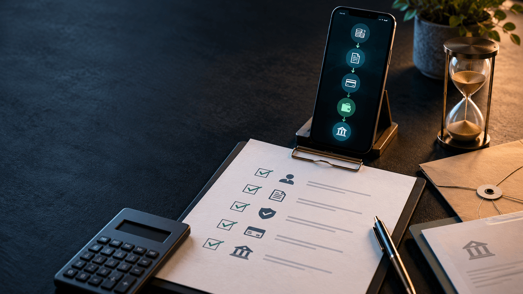 A payout checklist, phone with abstract payment stages, calculator, envelope, and hourglass on a dark editorial desk